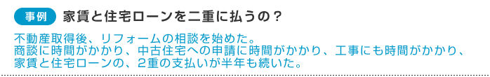 【事例】家賃と住宅ローンを二重に払うの？「不動産取得後、リフォームの相談を始めた。商談に時間がかかり、中古住宅への申請に時間がかかり、工事にも時間がかかり、家賃と住宅ローンの、2重の支払いが半年も続いた。」