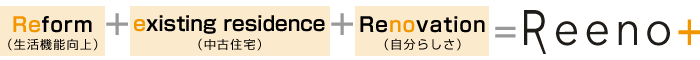 Reform（生活機能向上）＋existing residence（中古住宅）＋Renovation（自分らしさ）	＝Reeno+